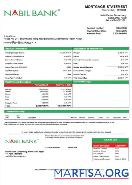 Blank Nepal Nabil Bank mortgage statement Word and PDF template